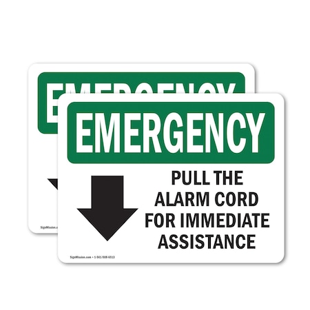 Signmission Pull The Alarm Cord For Immediate With Symbol, 5 in W x Rectangle, Vinyl Decal OS-2PACK-EM-D-35-L-10416